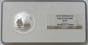 2011 P SILVER AUSTRALIA $2 LUNAR YEAR OF THE RABBIT 2oz 999 COIN NGC MS 69 - Picture 1 of 2
