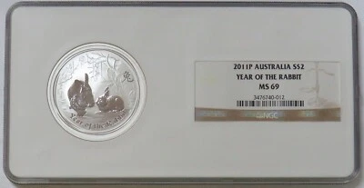2011 P SILVER AUSTRALIA $2 LUNAR YEAR OF THE RABBIT 2oz 999 COIN NGC MS 69 - Image 1 of 2