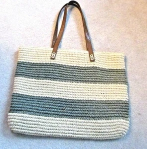 Kelly & Katie Straw Tote Bag Grey and Tan Striped Large - Picture 1 of 4