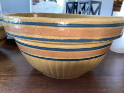 Винтажная желтая керамическая чаша 11x6 с розовыми синими полосками для флейтинга - Изображение 1 из 4