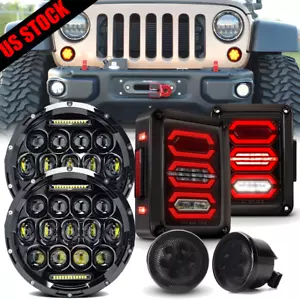 Combo 7'' LED Headlights Smoked Tail Lights Grill Turn Lamp For Jeep Wrangler JK - Picture 1 of 17