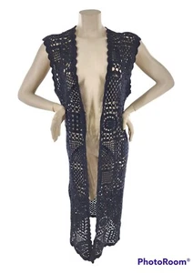 Vtg 90's Effeci Black Hand Knit Long Sleeveless Duster Sweater sz S Goth Witch  - Picture 1 of 5