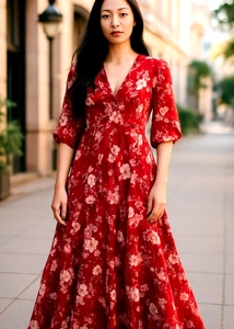 Melonie Maxi Dress Womens 10 Tall Red Floral Lined Tiered Peasant Boho - Bild 1 von 14