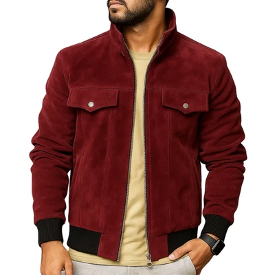 Men's Maroon Genuine Suede Leather Jacket Vintage Style Classic Bomber Coat - Image 1 of 4