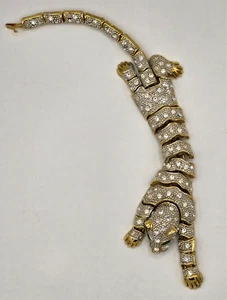 Vintage Panther Leopard Bracelet Gold Tone Articulated/Rhinestone/Green Eyes - Picture 1 of 8