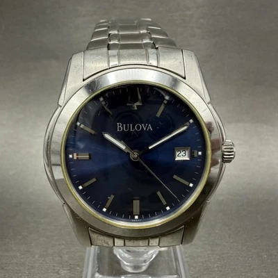 Bulova Watch Men 37mm Blue Dial Silver Tone Date Round 96G47 New Battery - Image 1 of 4