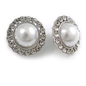 25mm D/ Round Faux Pearl Clear Crystal Clip on Earrings in Silver Tone - Picture 1 of 5