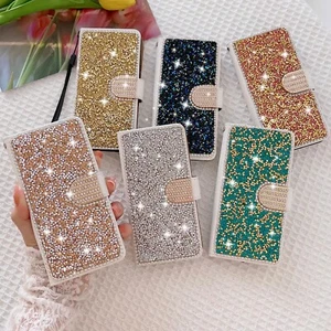 Bling Sparkle Diamond Case Glitter Wallet Card Pocket Holder Designed Cell Phone - Picture 1 of 16