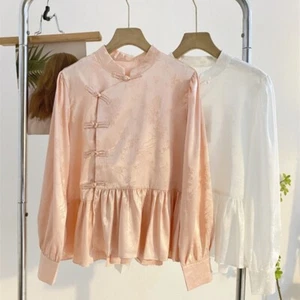 Women Vintage Style Frog Button Shirt Ruffle Blouse Long-sleeved Top Ethnic Chic - Picture 1 of 19