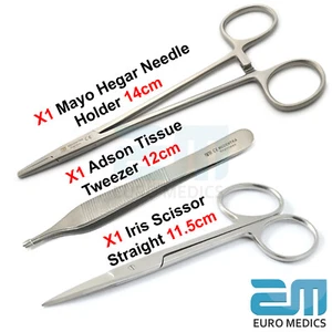 Dentist Suture Surgery Kit Surgical Scissor Mayo Hegar Needle Holder Tweezer X3 - Picture 1 of 4