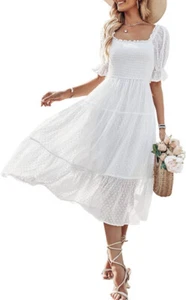 Women'S 2023 Summer Square Neck Puff Sleeve Boho Midi Dress Swiss Dot Ruffle Flo - Picture 1 of 4
