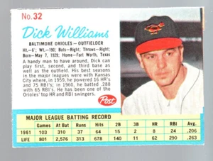 1962 POST CEREAL #32 DICK WILLIAMS BALTIMORE ORIOLES - Picture 1 of 2