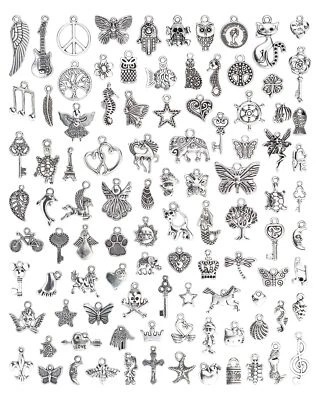 100 PCs Silver Charms for Jewelry Making Mixed Lot Pendants Bracelet Necklac. - Image 1 of 4