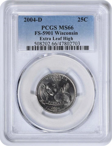 2004-D Wisconsin State Quarter Extra Leaf High FS-5901 MS66 PCGS Cover