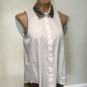 English Rose Ivory Sleeveless Button Blouse Top w/ Pewter Beaded Collar - Size S - Picture 1 of 9