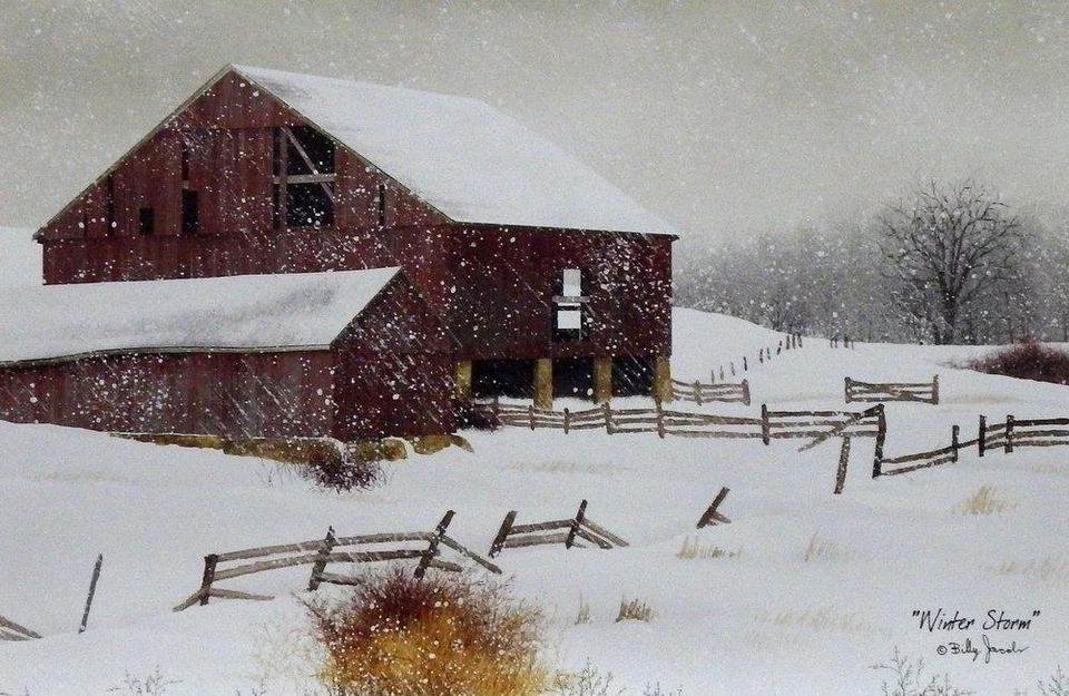 Billy Jacobs Winter Storm Farm Barn Print 18 x 12 - Image 1 of 1