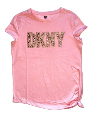 DKNY Girls T Shirt Short Sleeve Scoop Neck Pink Quartz Golden studs Size: Large - Image 1 of 4