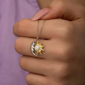 925 Sterling Silver Sun and Moon Women's Necklace - Boho Chic Style - Picture 1 of 2