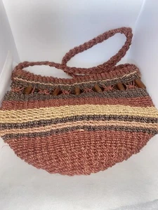 Vintage Woven Bass Straw Bucket Tote Bag Wood Inserts - Picture 1 of 16