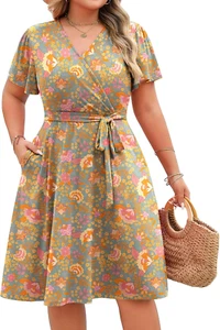 Women'S plus Size V Neck Knee Length Dress Casual Floral Dresses Summer Short Sl - Picture 1 of 22