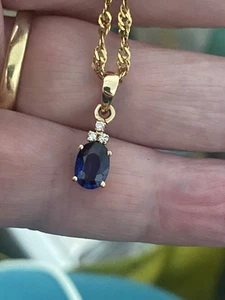 9ct Yellow Gold Sapphire & Diamond Cluster Pendant Necklace 46.5 Length 3.83g - Picture 1 of 7