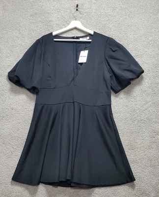 Showpo Margerie Mini Fit & Flare Dress Womens 14 Black Plunge V Neck Puff Sleeve - Image 1 of 4