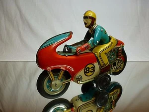 VINTAGE TIN TOY FRICTION HEC PRODUCT MOTORCYCLE + DRIVER - L20.0cm - GOOD - Foto 1 di 7