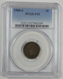 1908-S Indian Head/Oak Wreath w/Shield rev Cent CERTIFIED PCGS F 15 1c - Picture 1 of 4