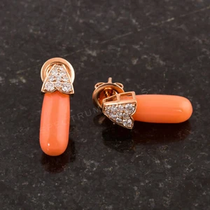 9.75 TCW Natural H/SI Round Pave Diamond Coral Drop Earrings 14k Rose Solid Gold - Picture 1 of 9