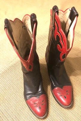 Botas de Vaquera Larry Mahan Talla 6B Rojo Negro Festoneado Top Rojo/Negro ¡LINDAS! Foto 1 de 4