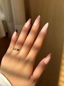 24pcs Long Almond Khaki French Fake Nail Press On Nails False Nails Glue On - Picture 1 of 6