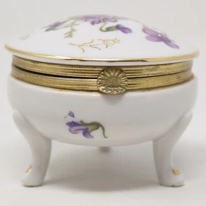 Scatola portagioie vintage piedi viola porcellana dipinta a mano cerniera oro rotonda - Foto 1 di 24