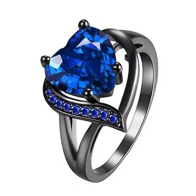 Dark Blue Cubic Zirconia Heart Solitaire Ring Black Stainless Steel Promise Band - Image 1 of 4