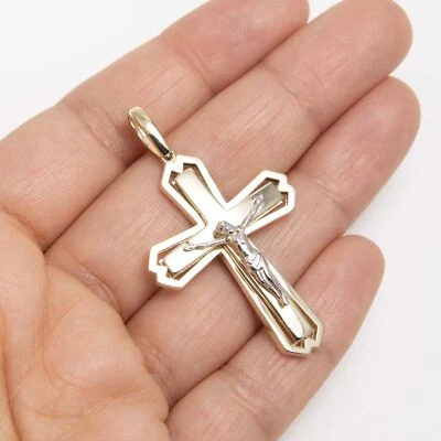 Pingente de Jesus cruz bizantina recortada 2" ouro branco amarelo 10K real - Imagem 1 de 4