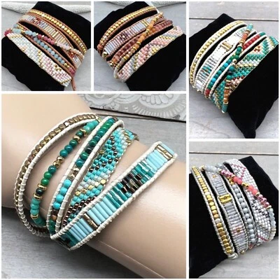 Armband Wickelarmband 5fach Leder Miyuki Tila Samen Perlen Farbwahl Boho Ethno - Bild 1 von 4