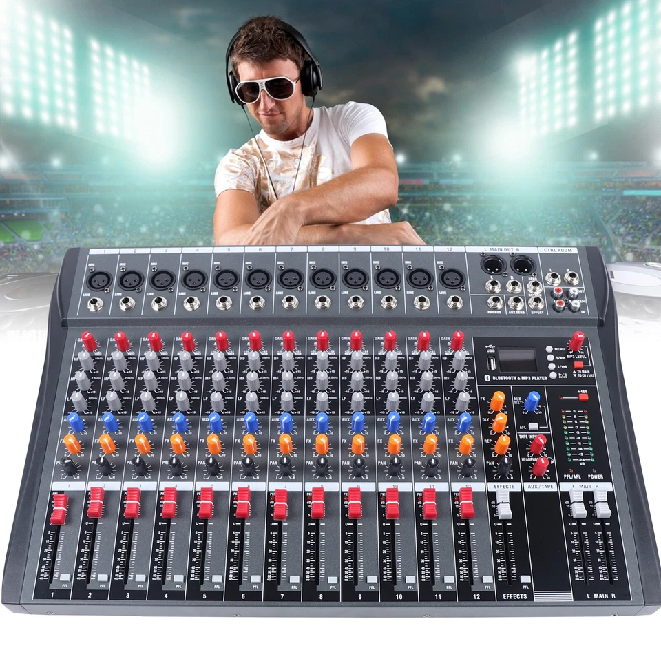 12 Channel Audio Mixer Bluetooth USB DJ Sound Mixing Console Amplifier Studio - Image 1 of 4