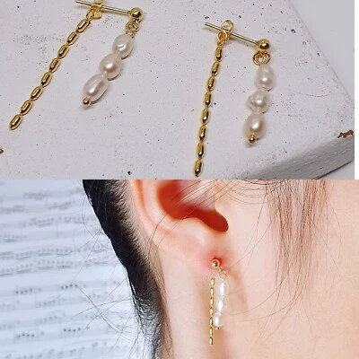 Minimalist Freshwater Pearl Stud Dangle Earrings Gold Plated over 925 Silver - image 1 of 4