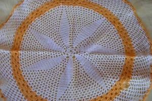 Hand Crocheted Lg 17” Round White Golden Yellow Doilie 6 Petal Flower Cotton - Picture 1 of 6