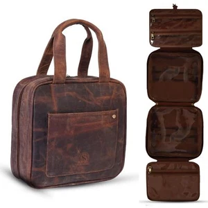 Large Hanging Leather Toiletry Bag | Dopp Kit With Foldable Compartments - Picture 1 of 24