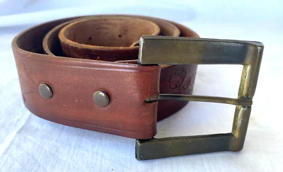 Vtg 70s Tooled Flowers Embossed Brown Leather Belt Solid Brass Buckle Men L - Image 1 of 4