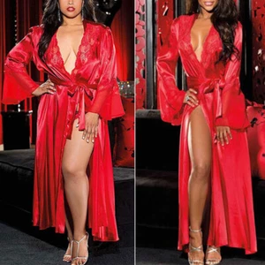 Women Satin Silk Lace Lingerie Long Dress Robe Nightie Gown Sleepwear Nightdress - Picture 1 of 36