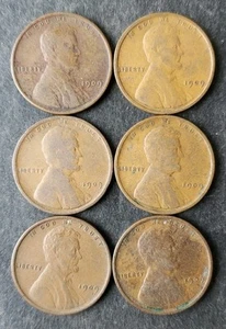 Lot of Six 1909 V.D.B. 1c Lincoln Wheat Cents - Picture 1 of 3