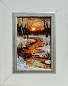 Original Ölgemälde Winter Sonnenuntergang Landschaft Wald Kunst signiert gerahmt Impasto - Bild 1 von 8