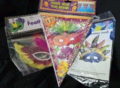 Feather Mardi Gras 2 masks, 1 Flag Banner, 1 Inflatable Feather Mask - Image 1 of 4