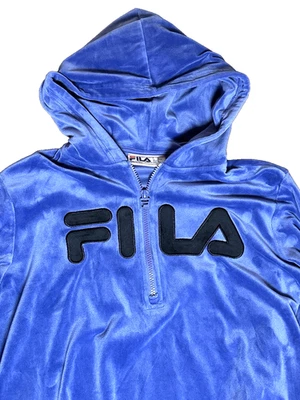 FILA Velour Half-Zip Hoodie Blue Small Logo Pullover Sweatshirt - Image 1 of 4