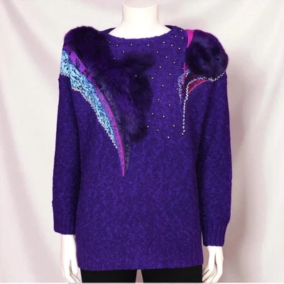 Suéter de encaje con tachuelas de piel sintética púrpura años 80 Mariea Kim nuevo con etiquetas L vintage retro Foto 1 de 4