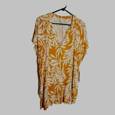 Liz Claiborne Top Women's 3X White Palms Mustard Yellow Stretchy V Neck New - Image 1 of 4