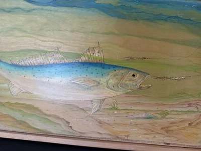 Arte popular enmarcado peces mar pintura bancos exteriores NC pesca costa madera firmada OBX Foto 1 de 3