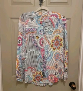 Desigual Womens XL Boho Floral Button Long Sleeve Top Artsy Art To Wear Blouse - Picture 1 of 12