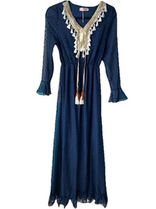Taz Womens Blue Whimsigoth Sheer Dot Long Sleeve Gold Trim Tassel Dress Sz L - Picture 1 of 19